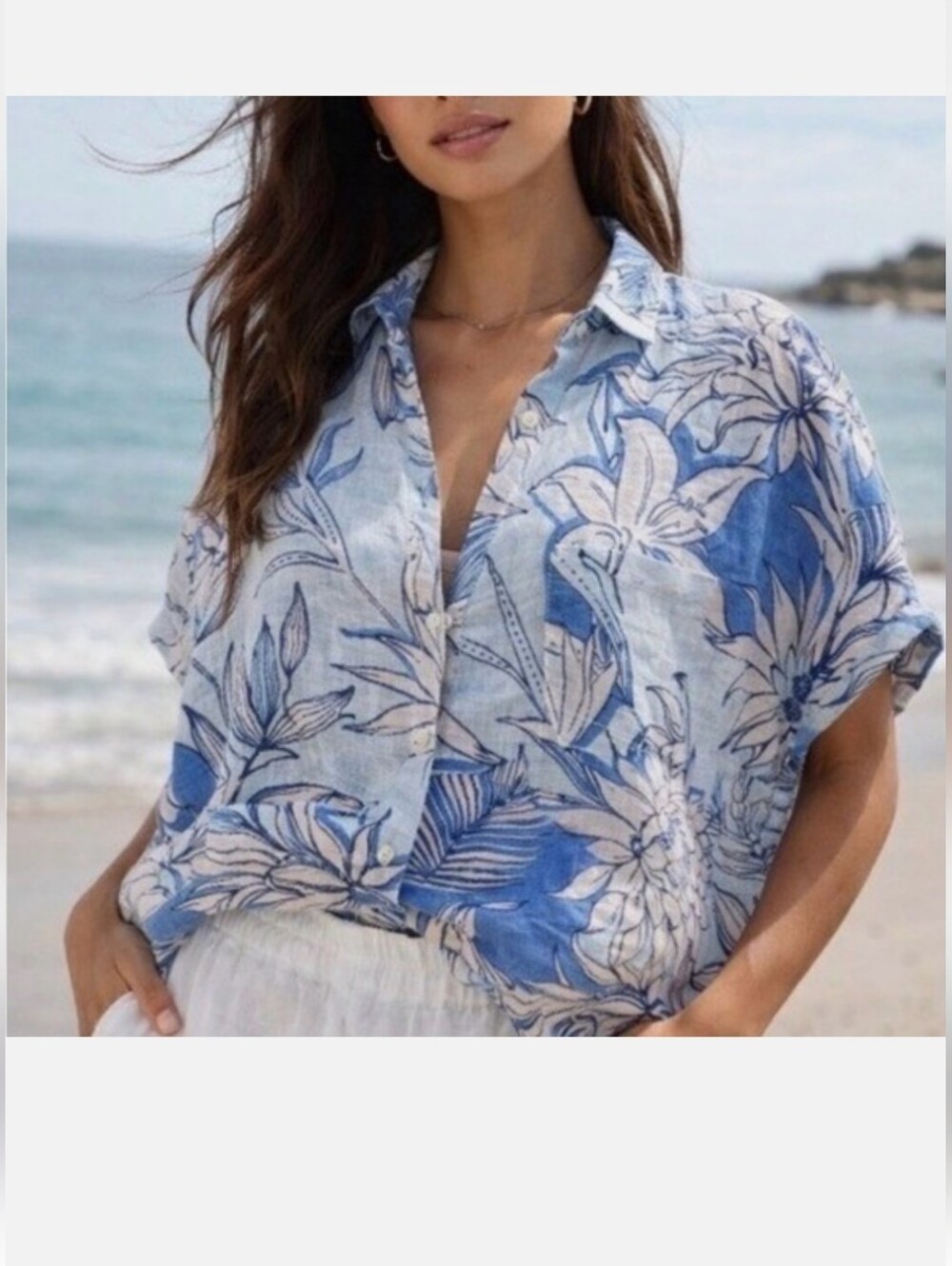 Halston Heritage Blue Floral Button-Down Shirt Linen Size Large